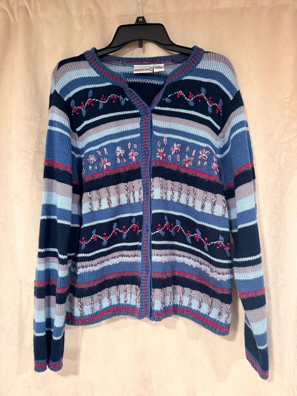 Fashion Bug Vintage Striped Floral Embroidered Knit Cardigan Sweater XL